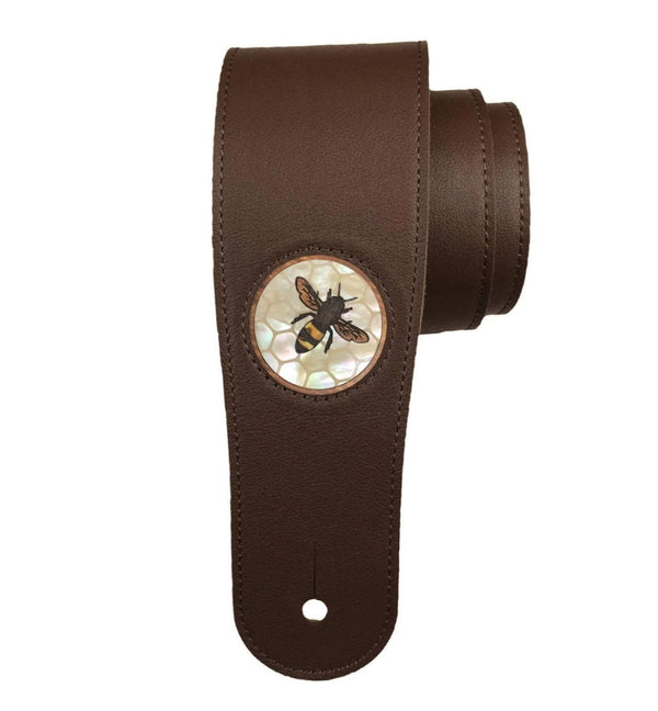 Thalia Chocolate Leather Guitar Strap w/ Vintage White Pearl Save The Bees Inlay