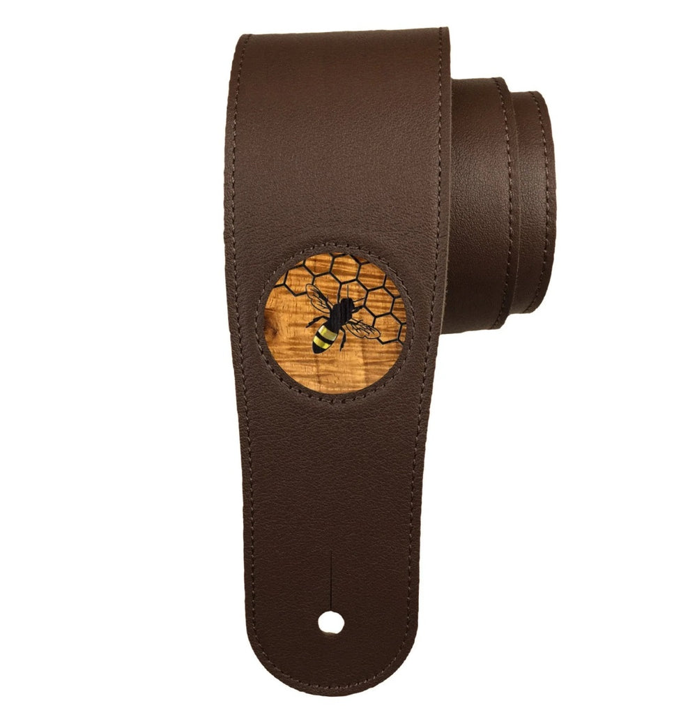 Thalia Chocolate Leather Guitar Strap with Hawaiian Koa Save The Bees Inlay