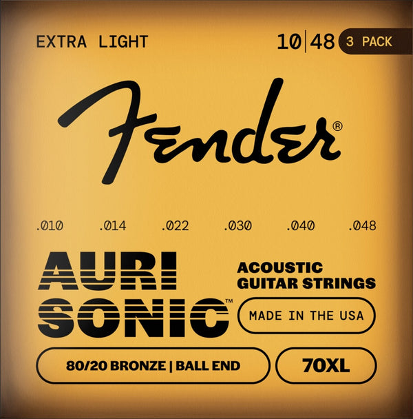 3-PACK Fender 70XL 80/20 Bronze Acoustic Guitar Strings - EXTRA LIGHT 10-48