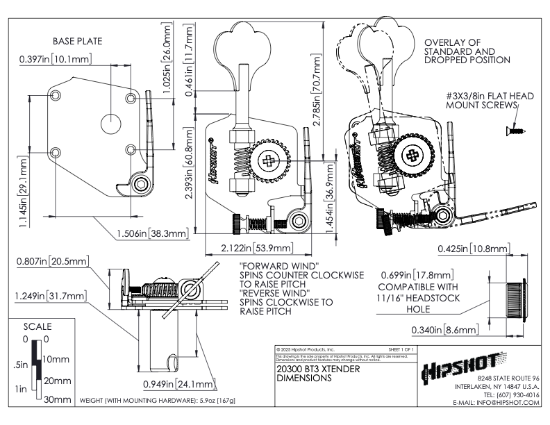 Hipshot BT3 Xtender Key Extender D-Tuner for Pre-CBS Fender Bass - GOLD