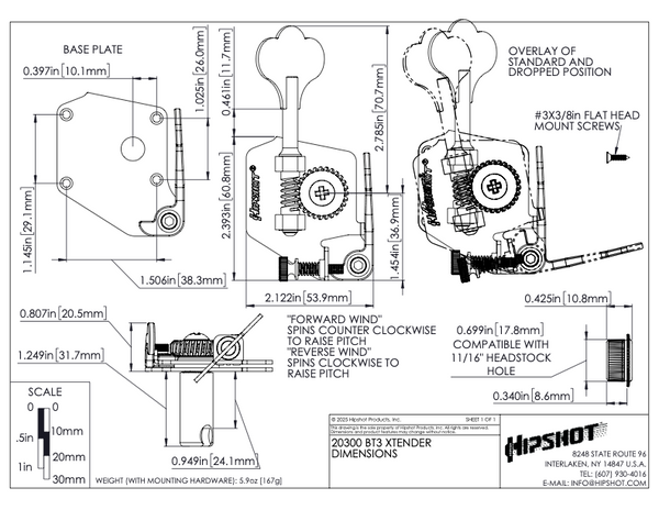 Hipshot BT3 Xtender Key Extender D-Tuner for Pre-CBS Fender Bass - NICKEL