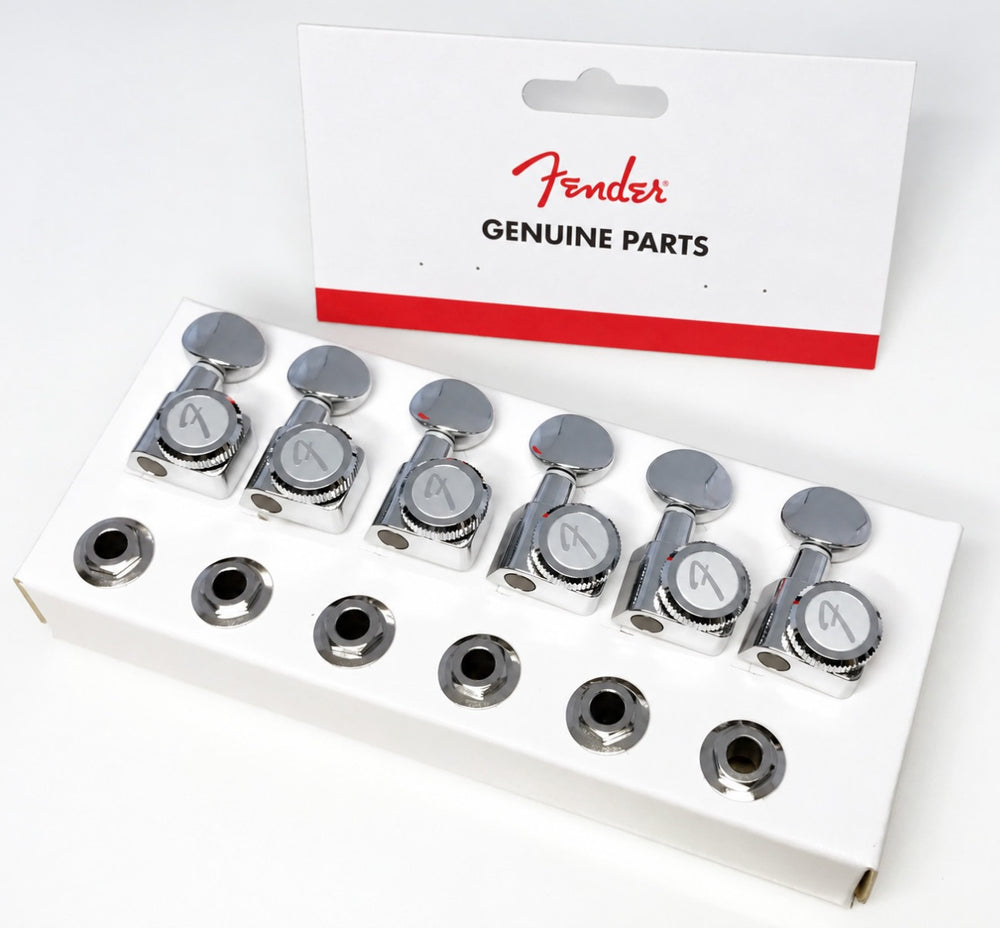 Genuine Fender Locking F Logo Tuners Machines Pegs CHROME w/VINTAGE BUTTONS