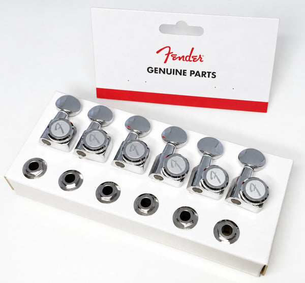 Genuine Fender Locking F Logo Tuners Machines Pegs CHROME w/VINTAGE BUTTONS