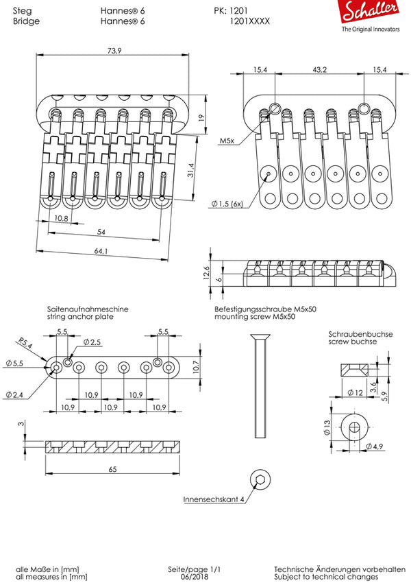 Schaller Germany Hannes 6-String Guitar Bridge - NICKEL, 12010100
