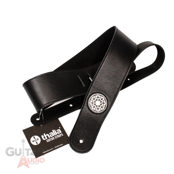 Thalia Black Leather Guitar Strap with Pearl Star Gazer Inlay