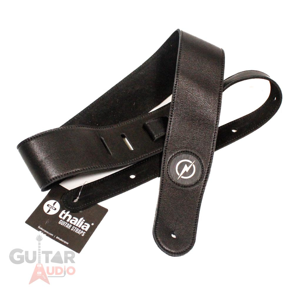 Thalia Black Leather Guitar Strap w/ Ebony Inked Pearl Lightning Bolt Inlay