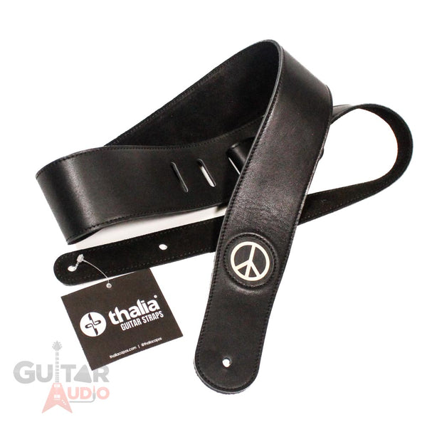 Thalia Black Leather Guitar Strap with Pearl Peace Inlay