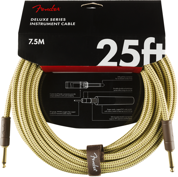 Fender Deluxe TWEED Electric Guitar/Instrument Cable, Straight Ends, 25' ft