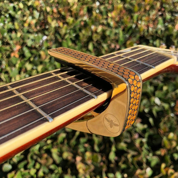 Thalia Premium Series Guitar Capo - Save The Bees Honeycomb Koa, 24k Gold