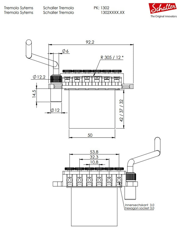 Schaller Germany Floyd Rose Tremolo Kit - Chrome with 32mm Block, R2 Nut