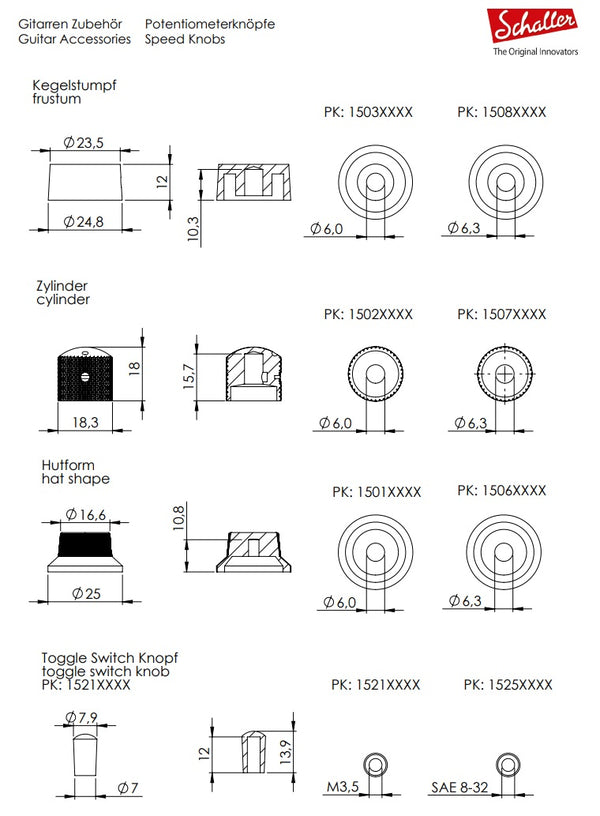Schaller Germany Set of (2) 6mm Metal Speed Guitar Knobs, RUTHENIUM 15030600