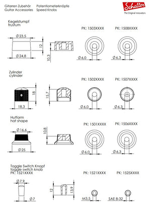 Schaller Germany Set of (2) 6mm Knurled Metal Speed Knobs, BLACK 15040400