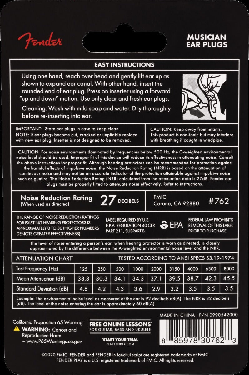 Fender Musician Ear Plugs, 27dB Noise Reduction Rating, One Pair with Case