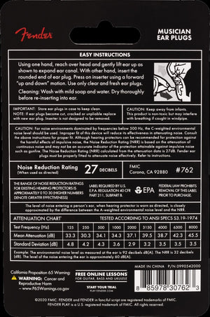 Fender Musician Ear Plugs, 27dB Noise Reduction Rating, One Pair with Case