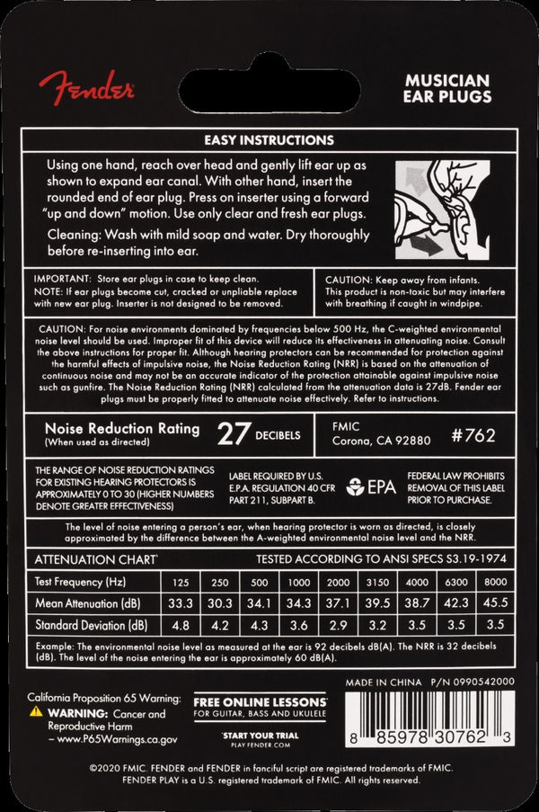 Fender Musician Ear Plugs, 27dB Noise Reduction Rating, One Pair with Case