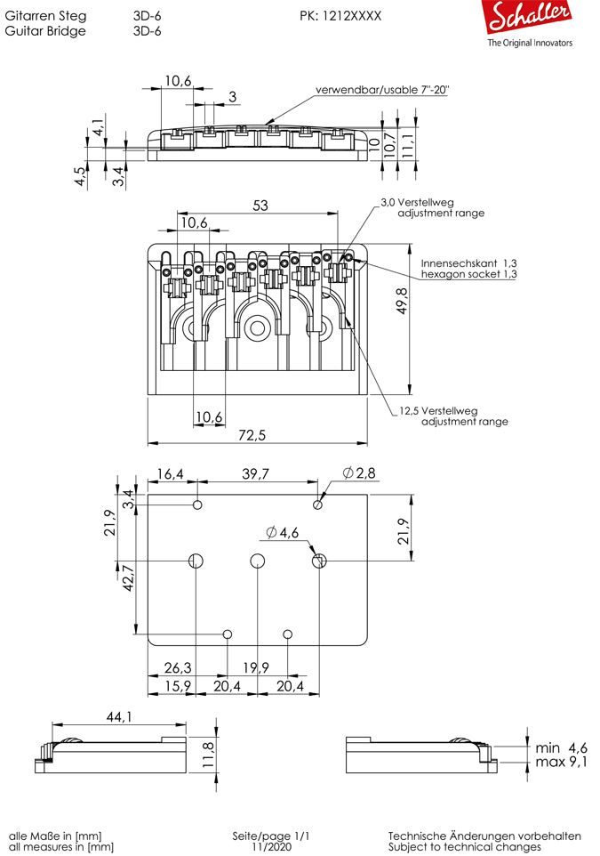 Schaller Germany 3D6 6-String Flatmount Roller Guitar Bridge, BLACK 12120400