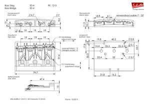 Schaller Germany 3D4 4-String Flatmount Roller Bass Bridge, RUTHENIUM 12130600