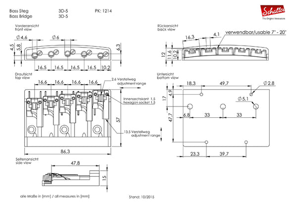 Schaller Germany 3D5 5-String Flatmount Roller Bass Bridge, NICKEL 12140100