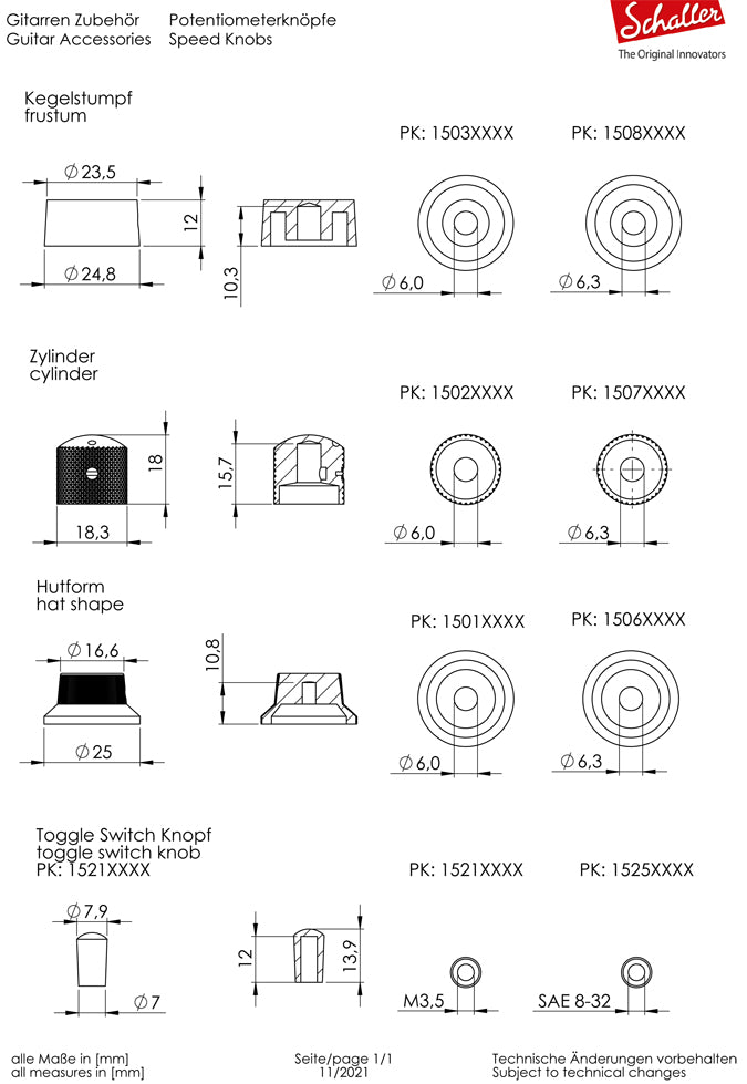Schaller Germany Set of (2) 6mm Metal Dome Speed Guitar Knobs, NICKEL 15020100