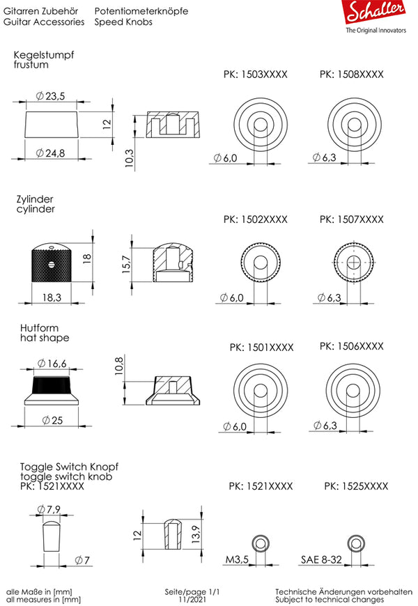 Schaller Germany Set of (2) 6mm Metal Dome Speed Guitar Knobs, NICKEL 15020100