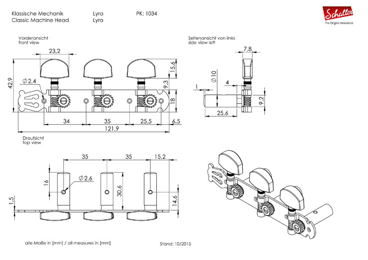 Schaller Germany 3x3 Classic Lyra Classical Guitar Tuners - Nickel/Pearl