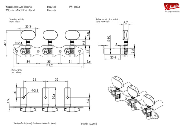 Schaller Germany 3x3 Classic Hauser Classical Guitar Tuners - Nickel/Pearl