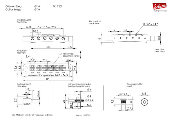 Schaller Germany GTM Tune-O-Matic Bridge with M5 Studs/Inserts, RUTHENIUM