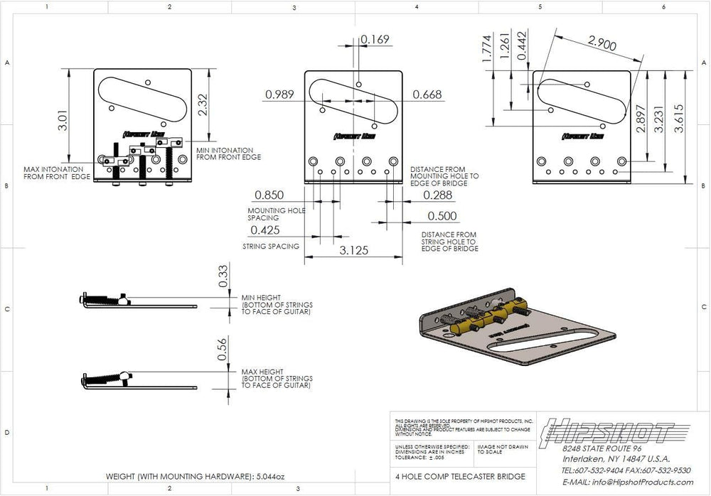Hipshot 4-Hole 3-Compensated Saddle Telecaster Bridge - STAINLESS STEEL CHROME