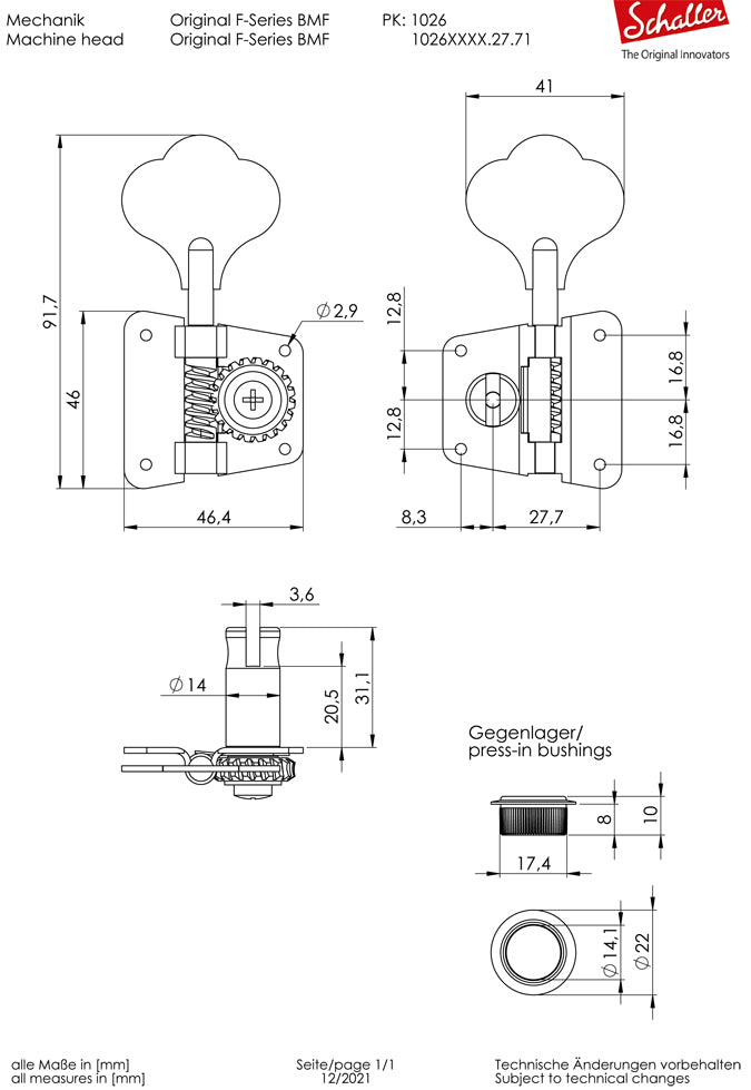 Schaller Germany 4-In-Line F-Series Tuners for Fender P/J Bass, NICKEL