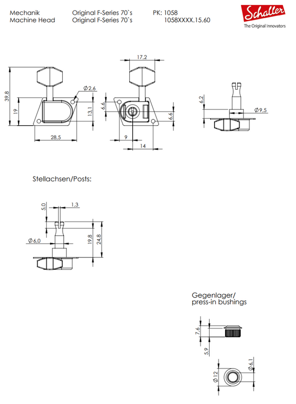 Schaller Germany F-Series 70's 6-In-Line Guitar Tuners/Machines - CHROME