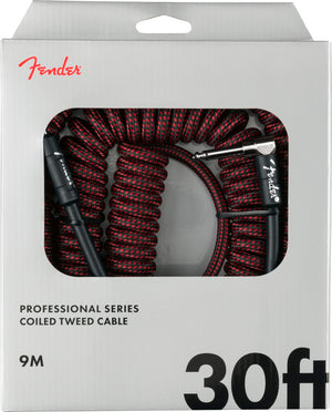 Fender Coiled Guitar/Instrument Cable, RED TWEED, Straight to Right-Angle 30'ft