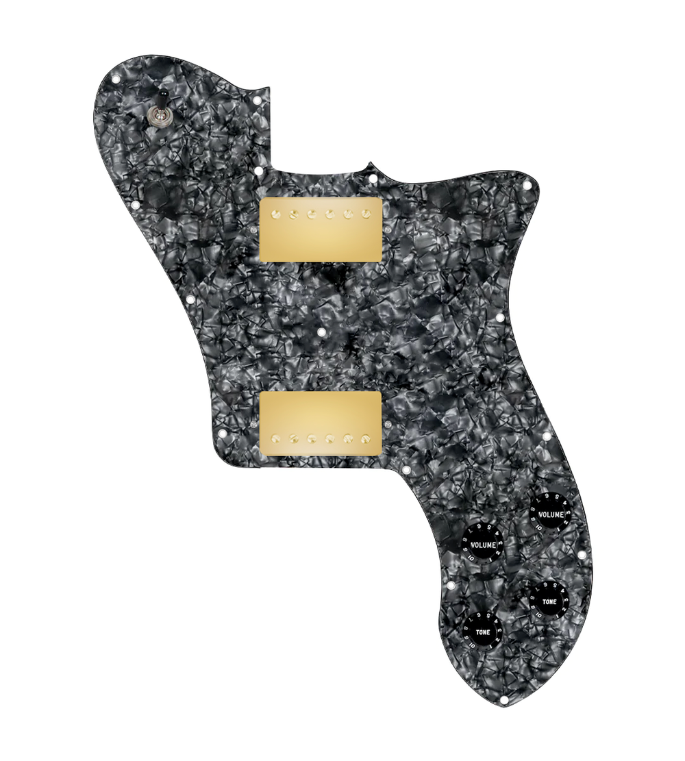 920D Custom 72 Deluxe Tele Loaded Pickguard With Gold Roughneck Humbuckers, Black Knobs, and Black Pearl Pickguard