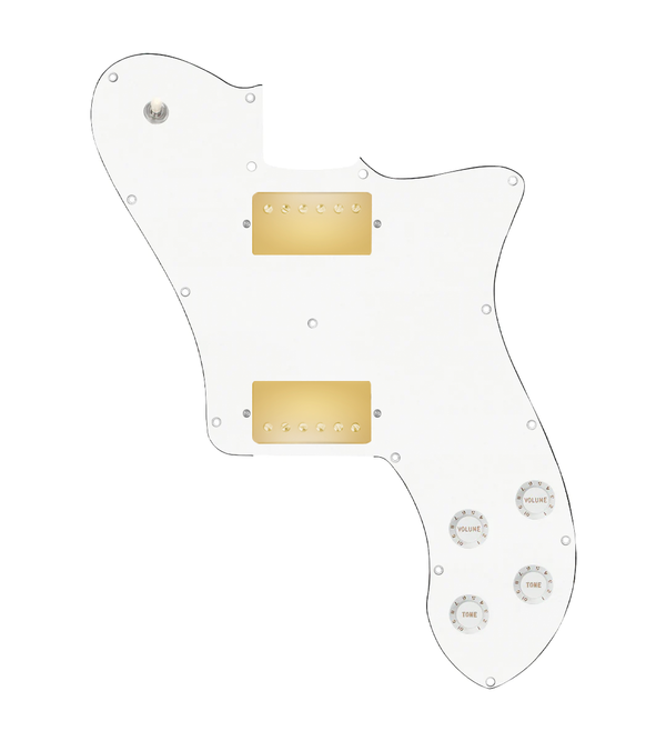 920D Custom 72 Deluxe Tele Loaded Pickguard With Gold Roughneck Humbuckers, White Knobs, and White Pickguard