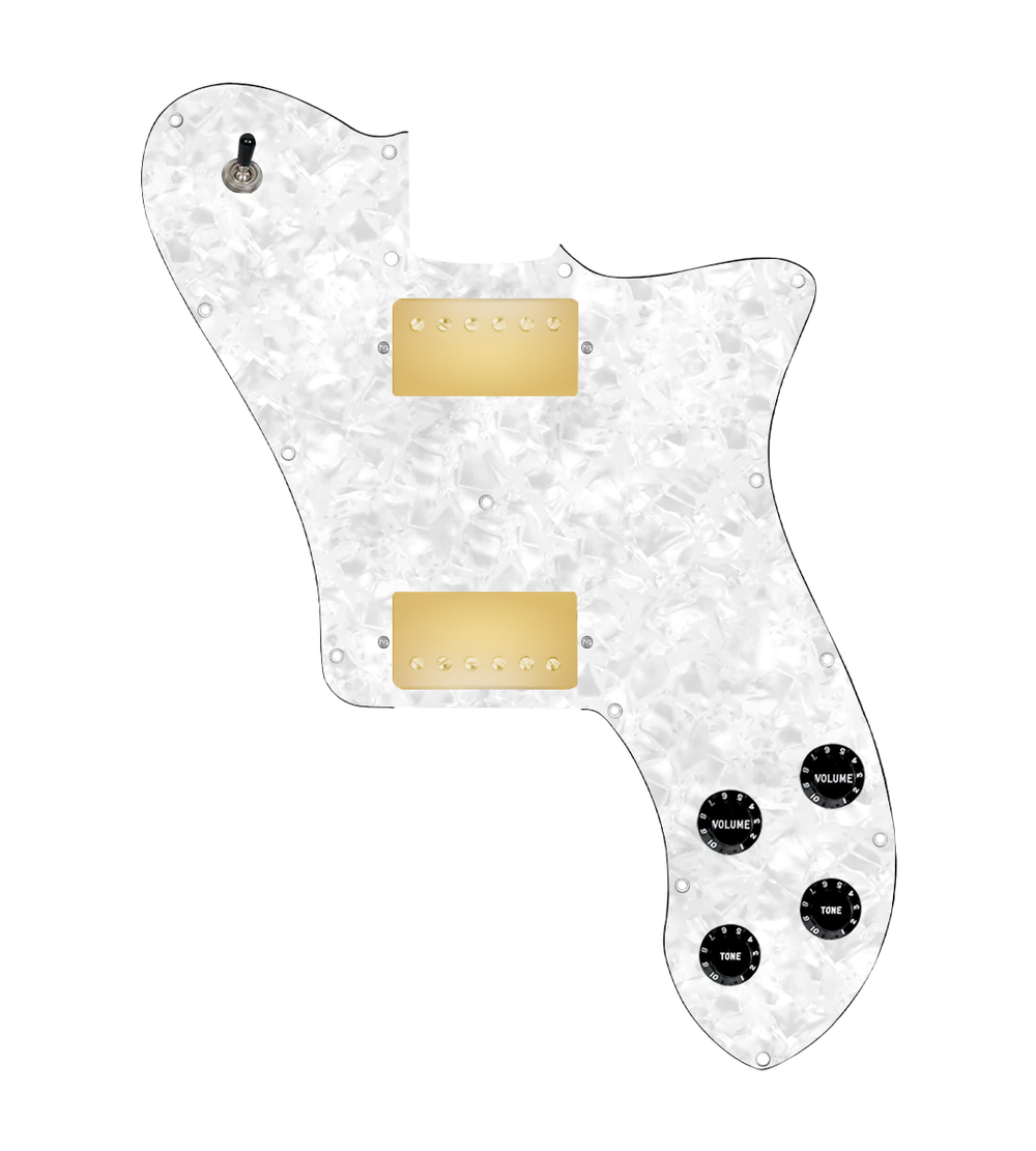920D Custom 72 Deluxe Tele Loaded Pickguard With Gold Smoothie Humbuckers, Black Knobs, and White Pearl Pickguard