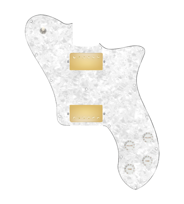 920D Custom 72 Deluxe Tele Loaded Pickguard With Gold Smoothie Humbuckers, White Knobs, and White Pearl Pickguard