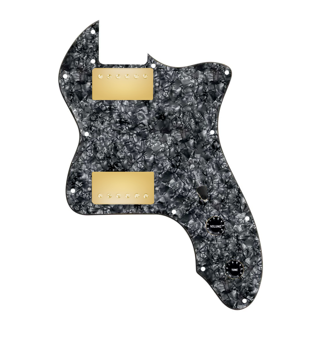 920D Custom 72 Thinline Tele Loaded Pickguard With Gold Roughneck Humbuckers, Black Knobs, and Black Pearl Pickguard