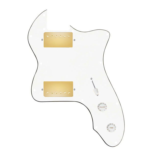 920D Custom 72 Thinline Tele Loaded Pickguard With Gold Roughneck Humbuckers, White Knobs, and White Pickguard