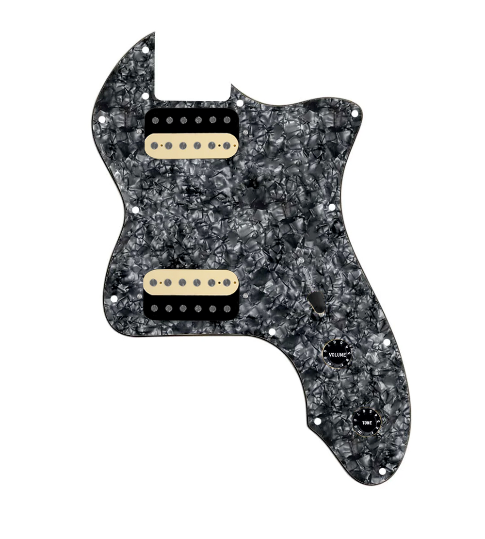 920D Custom 72 Thinline Tele Loaded Pickguard With Uncovered Roughneck Humbuckers, Black Knobs, and Black Pearl Pickguard