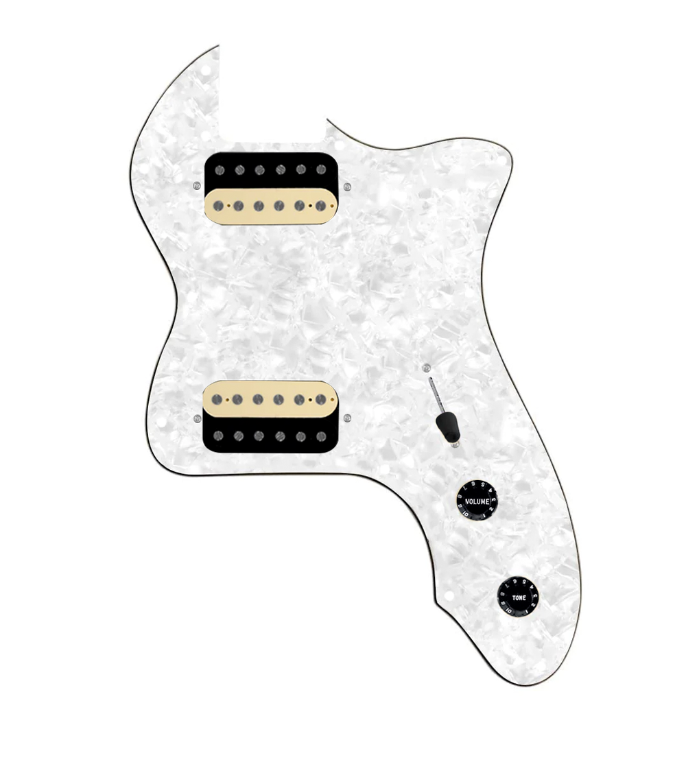 920D Custom 72 Thinline Tele Loaded Pickguard With Uncovered Roughneck Humbuckers, Black Knobs, and White Pearl Pickguard