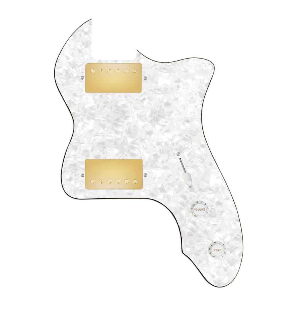 920D Custom 72 Thinline Tele Loaded Pickguard With Gold Smoothie Humbuckers, White Knobs, and White Pearl Pickguard