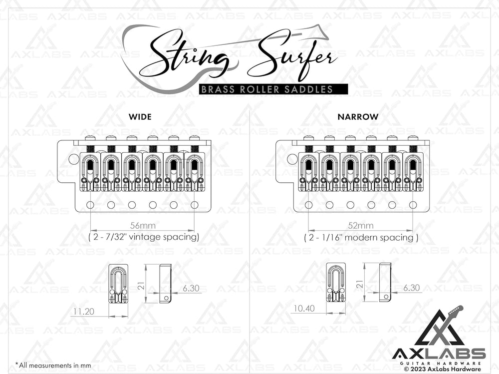 AxLabs String Surfer Brass Roller Bridge Saddles, Narrow, Gold