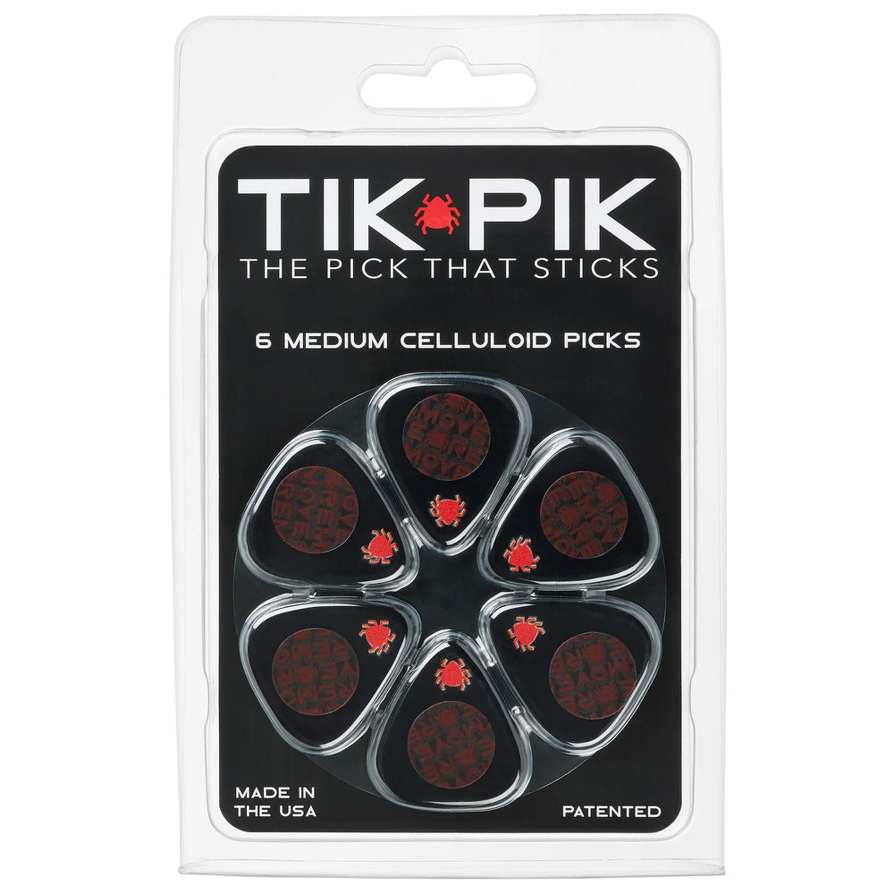 TIK PIK USA Stick-On Celluloid Guitar Picks, Black, 6-Pack, MEDIUM