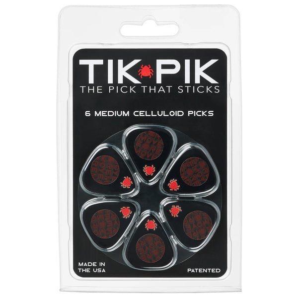 TIK PIK USA Stick-On Celluloid Guitar Picks, Black, 6-Pack, MEDIUM