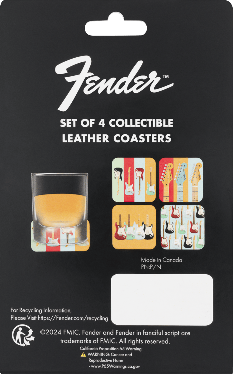 Genuine Fender Guitars Stratocaster Modern Leather Design Coasters Gift, 4-Pack