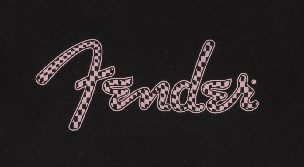 Fender Guitars Spaghetti Logo Wavy Checker Tee, Pink Checker, 2XL, XX-Large