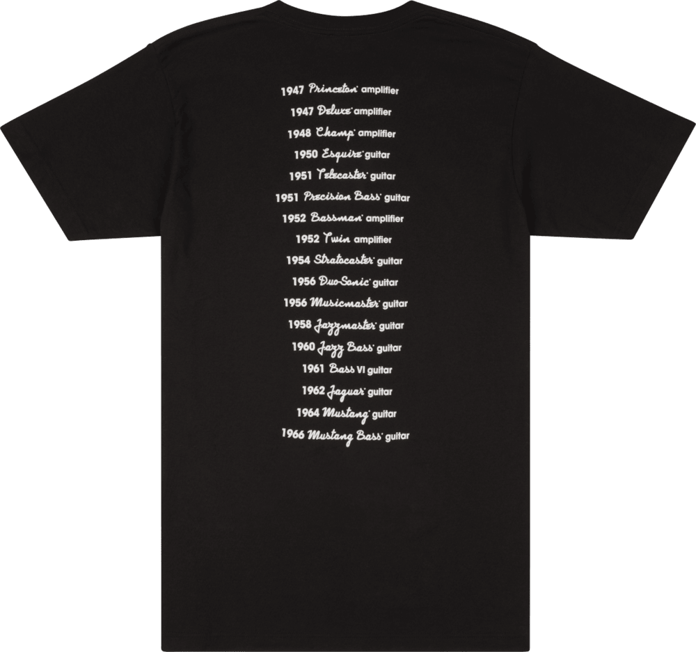 Fender Guitars Logo Date Back Tee, Black, S, Small