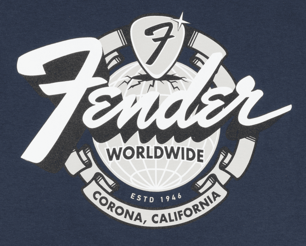 Genuine Fender Guitars World Wide T-Shirt/Tee, Vintage Navy, M, Medium