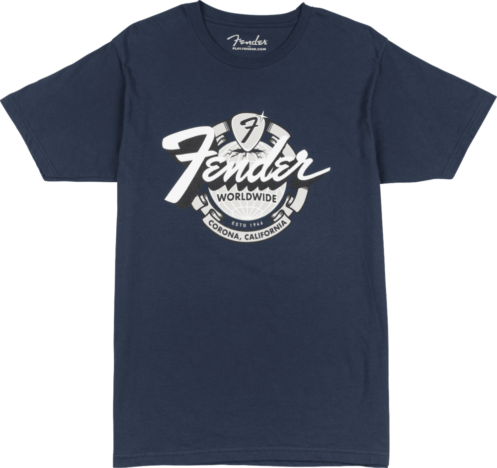 Genuine Fender Guitars World Wide T-Shirt/Tee, Vintage Navy, M, Medium