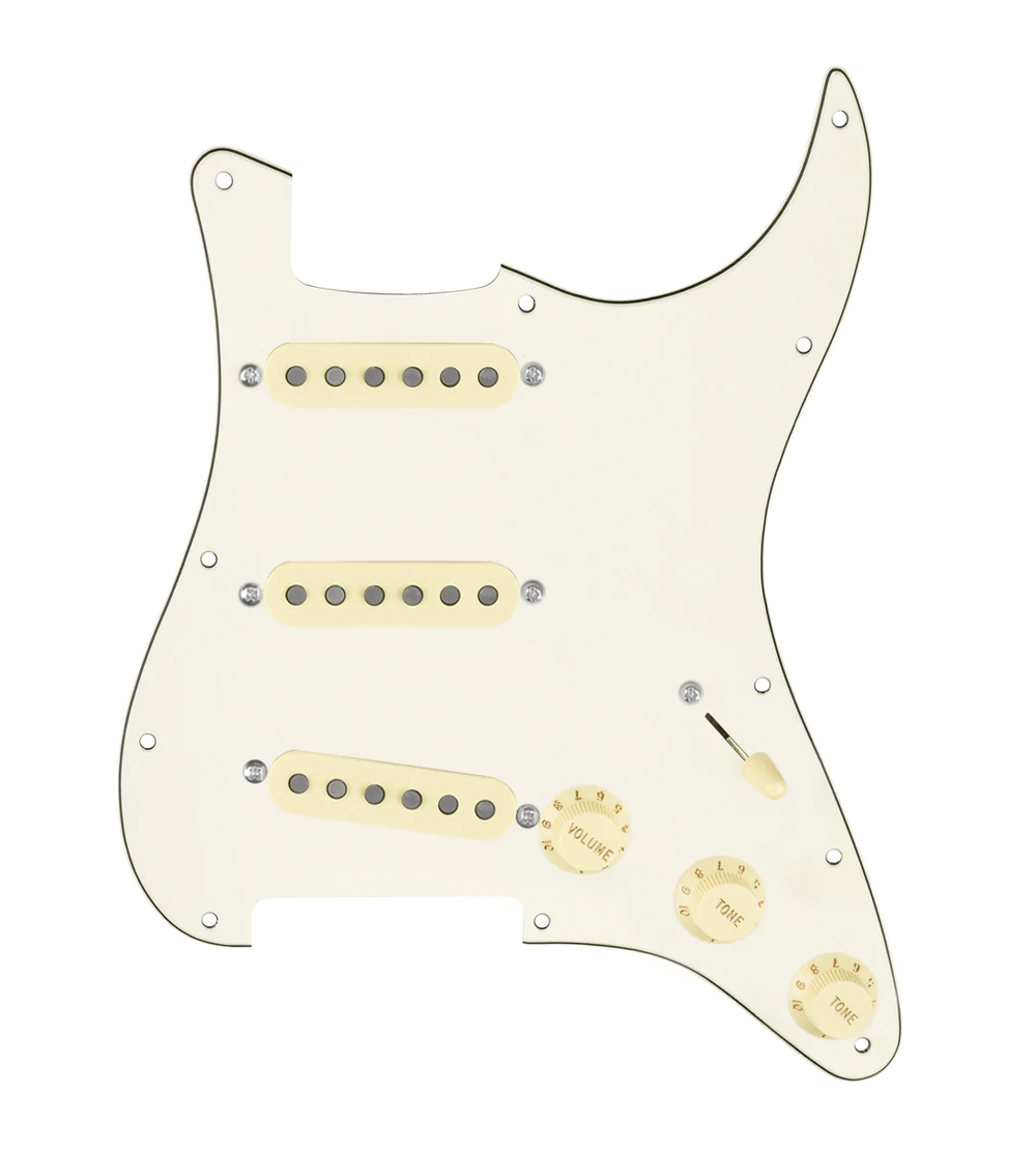 920D Custom Texas Growler Loaded Pickguard for Strat With Aged White Pickups, Parchment Pickguard, and S5W Wiring Harness