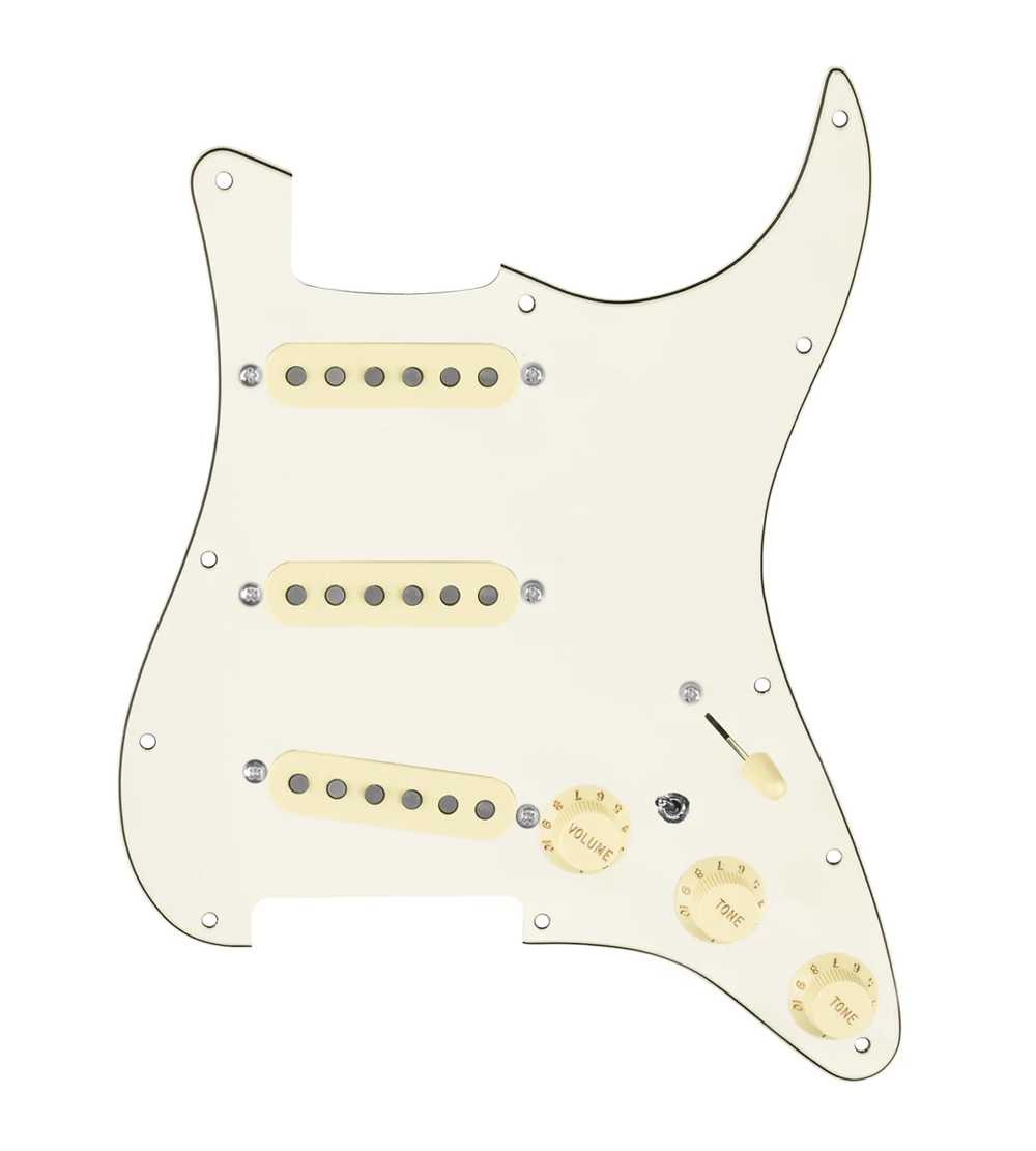 920D Custom Texas Vintage Loaded Pickguard for Strat With Aged White Pickups, Parchment Pickguard, and S7W-MT Wiring Harness